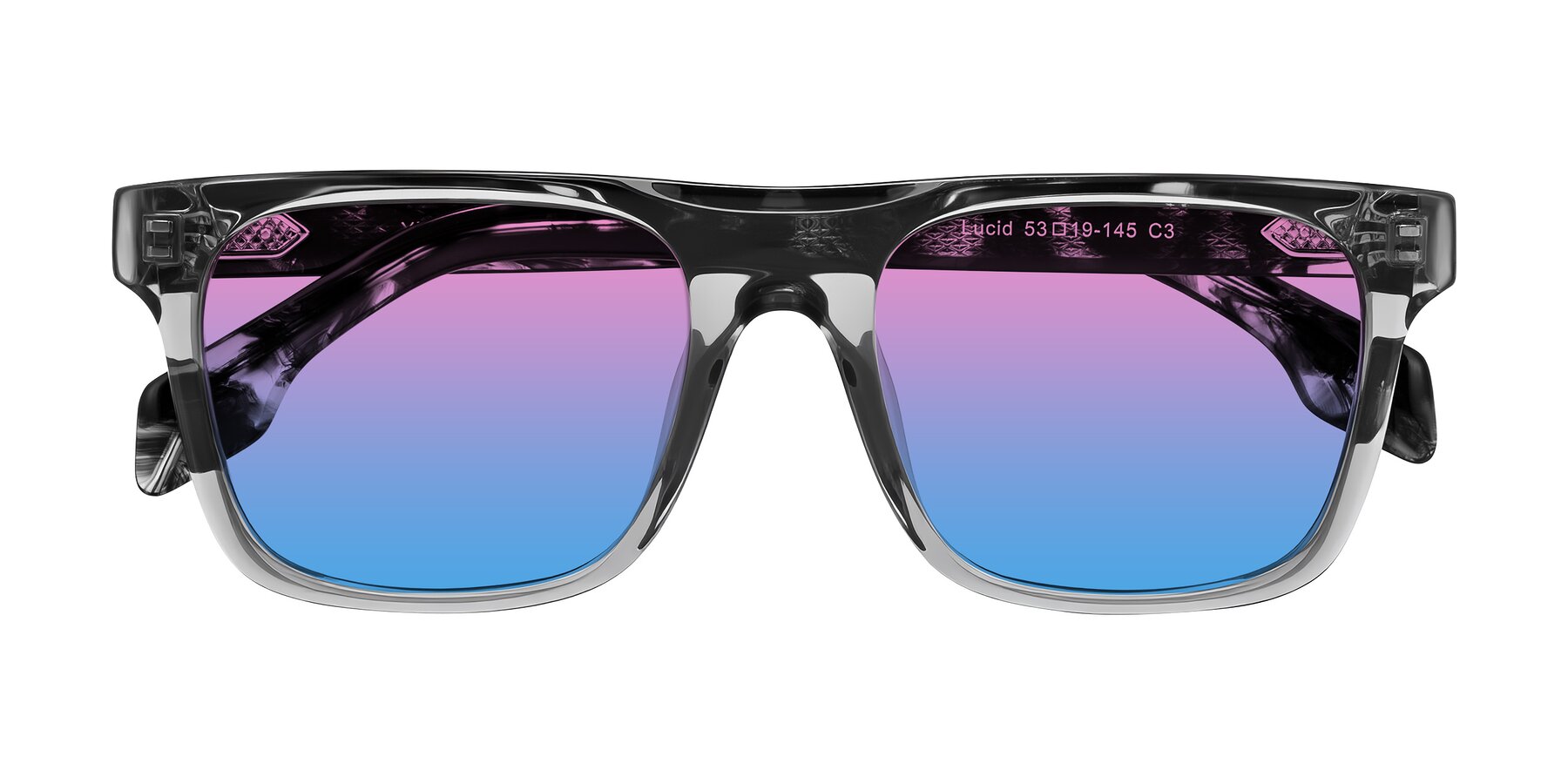 Folded Front of Lucid in Transparent Gray/Tortoise with Pink / Blue Gradient Lenses