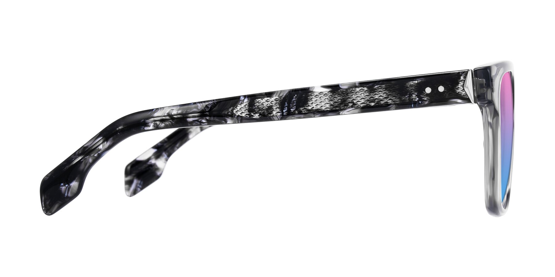 Side of Lucid in Transparent Gray/Tortoise with Pink / Blue Gradient Lenses