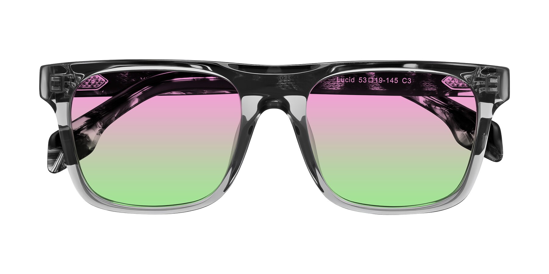Folded Front of Lucid in Transparent Gray/Tortoise with Pink / Green Gradient Lenses