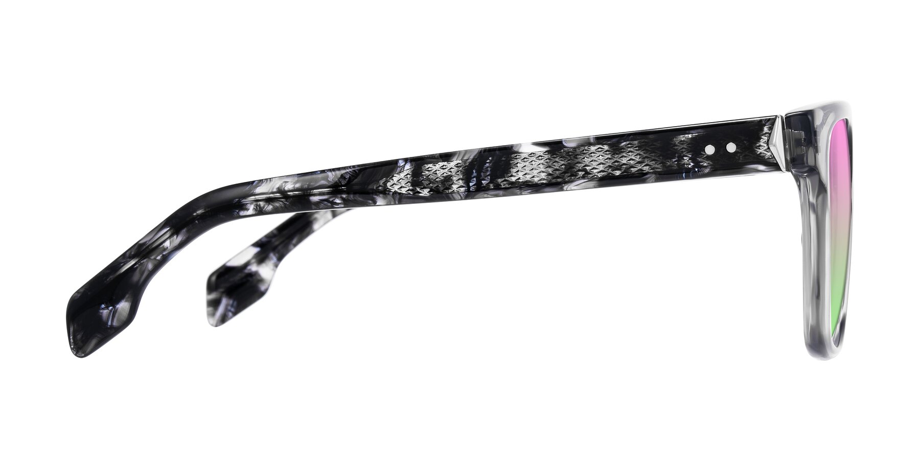 Side of Lucid in Transparent Gray/Tortoise with Pink / Green Gradient Lenses