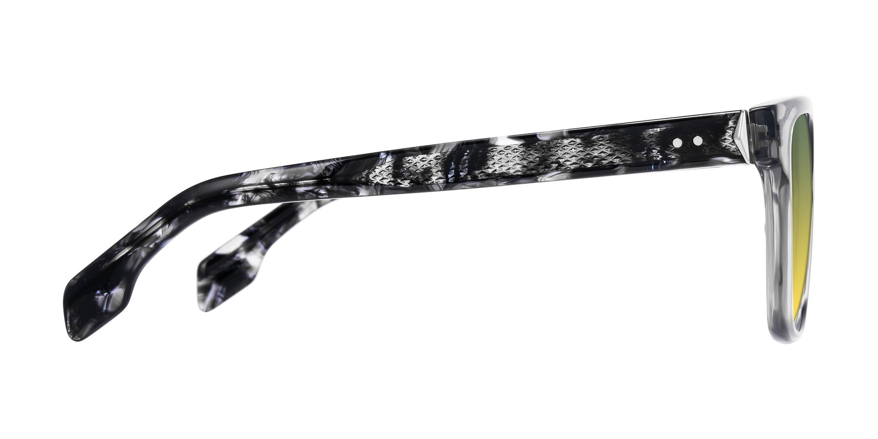 Side of Lucid in Transparent Gray/Tortoise with Green / Yellow Gradient Lenses