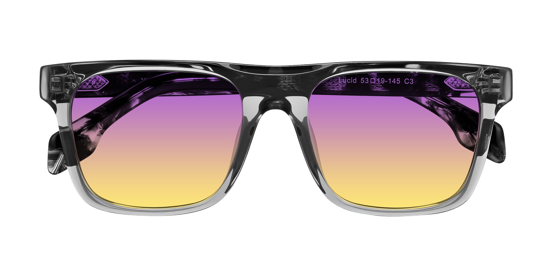 Folded Front of Lucid in Transparent Gray/Tortoise with Purple / Yellow Gradient Lenses
