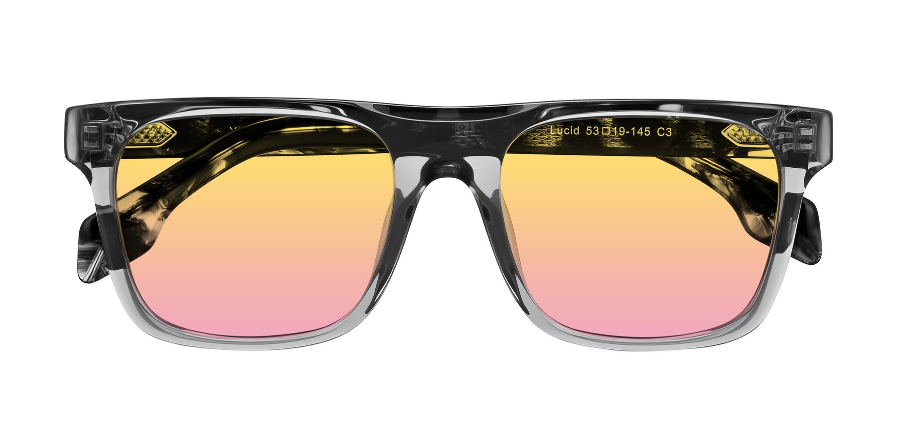 Folded Front of Lucid in Transparent Gray/Tortoise with Yellow / Pink Gradient Lenses