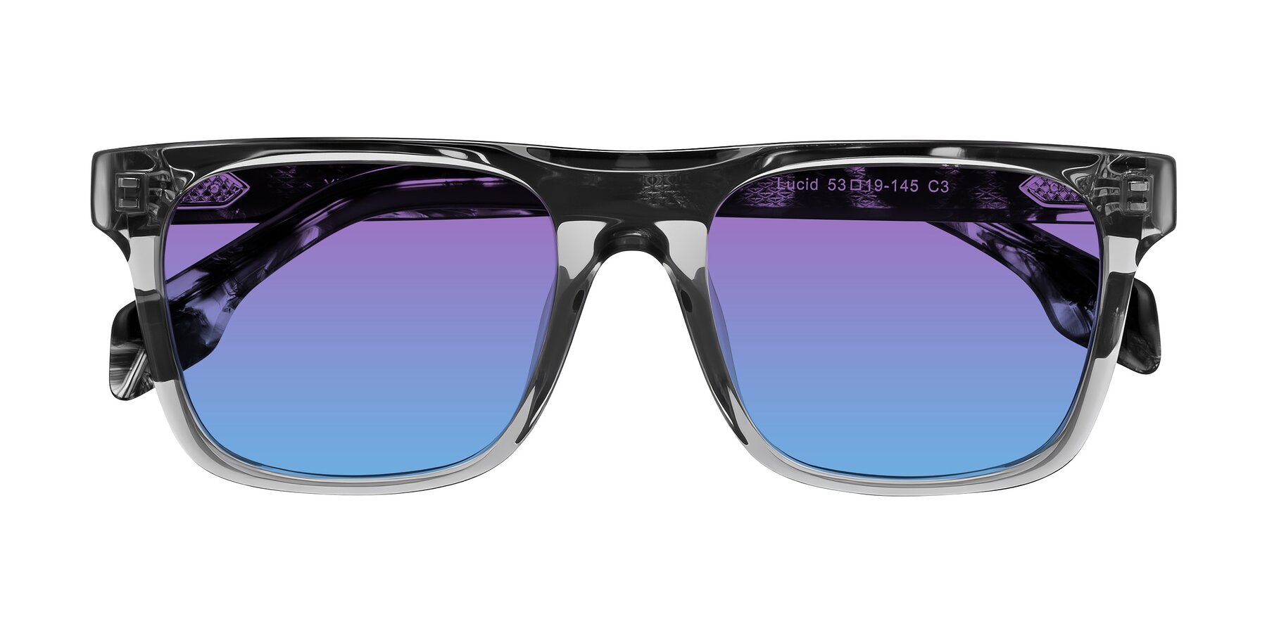 Folded Front of Lucid in Transparent Gray/Tortoise with Purple / Blue Gradient Lenses