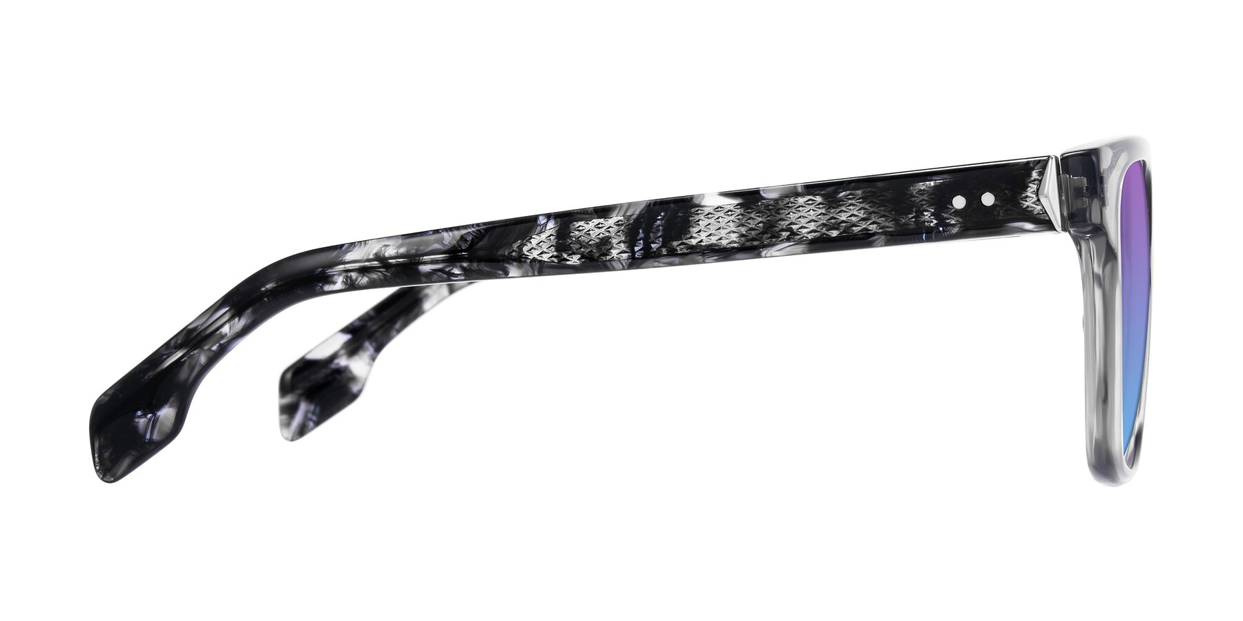 Side of Lucid in Transparent Gray/Tortoise with Purple / Blue Gradient Lenses