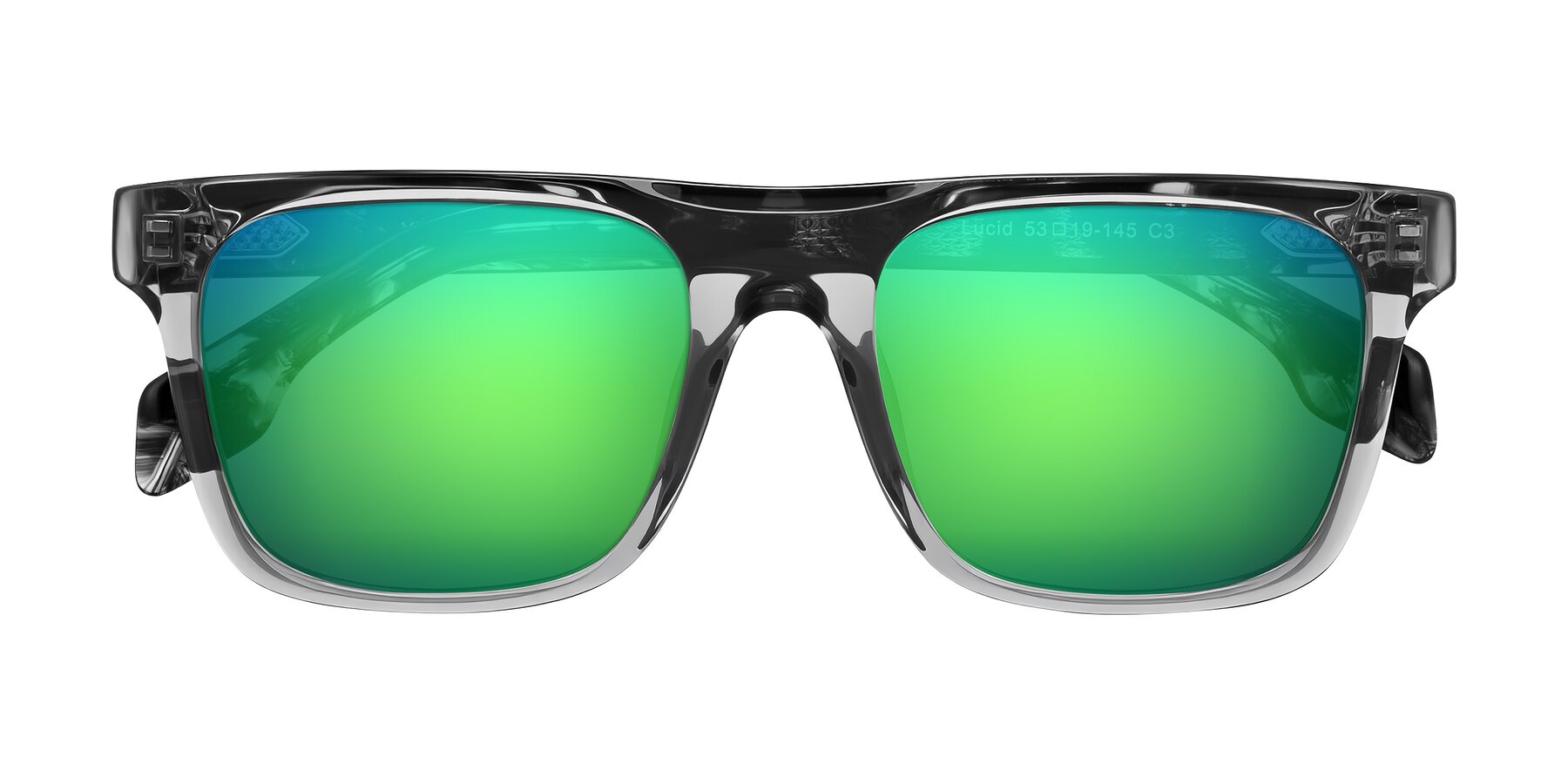 Folded Front of Lucid in Transparent Gray/Tortoise with Green Mirrored Lenses