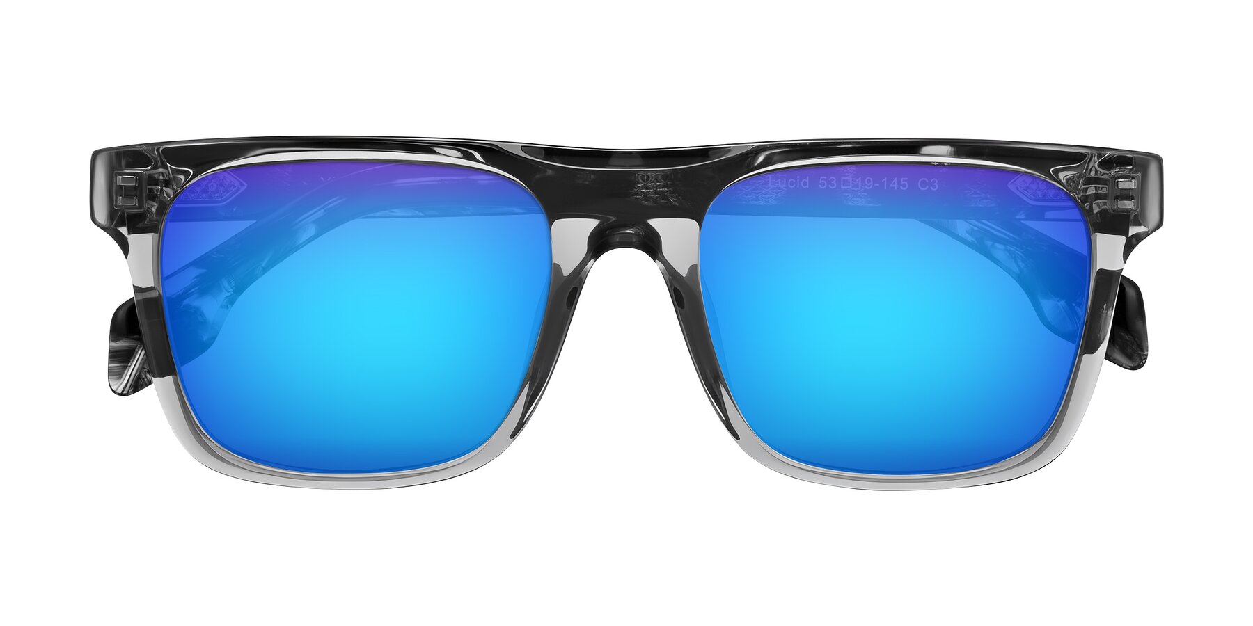 Folded Front of Lucid in Transparent Gray/Tortoise with Blue Mirrored Lenses