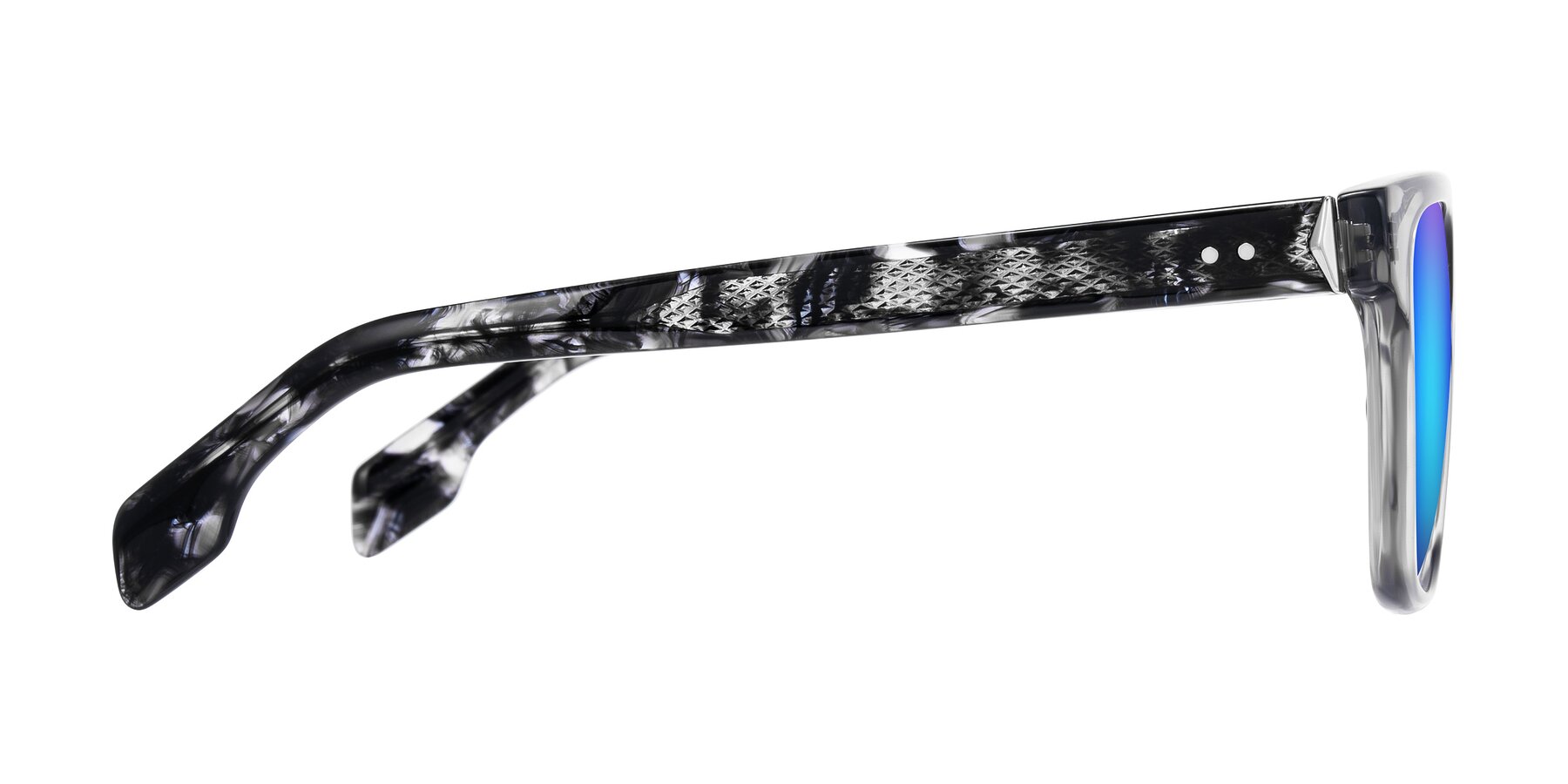 Side of Lucid in Transparent Gray/Tortoise with Blue Mirrored Lenses