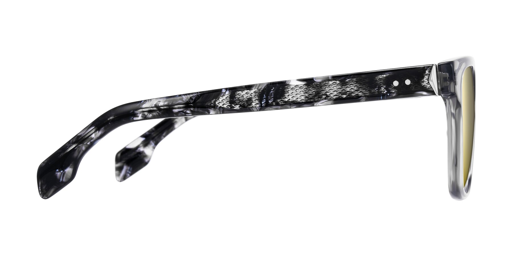Side of Lucid in Transparent Gray/Tortoise with Gold Mirrored Lenses