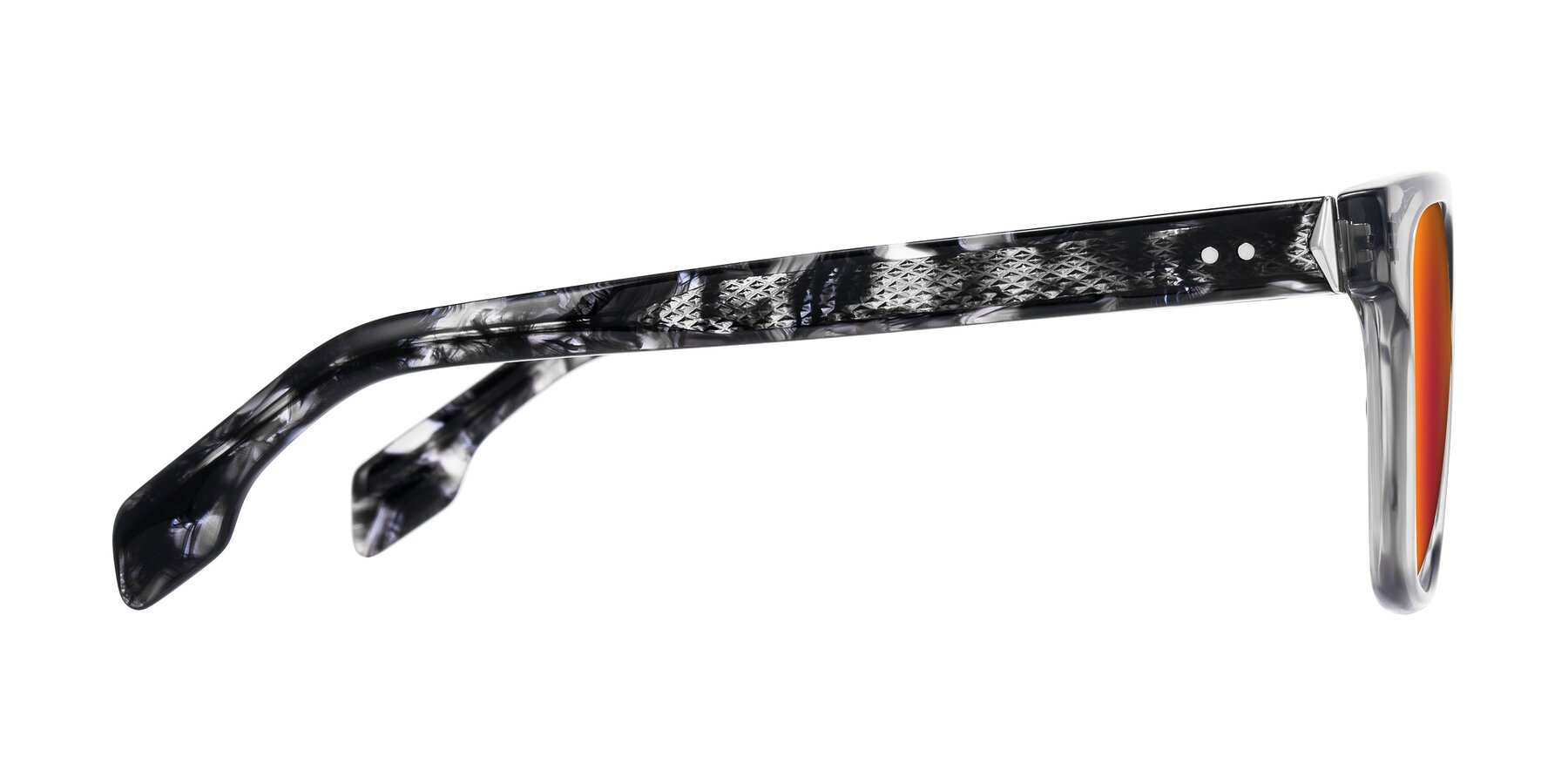 Side of Lucid in Transparent Gray/Tortoise with Red Gold Mirrored Lenses