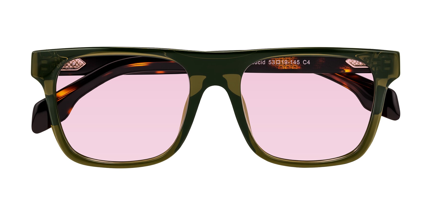 Folded Front of Lucid in Green/Tortoise with Light Pink Tinted Lenses