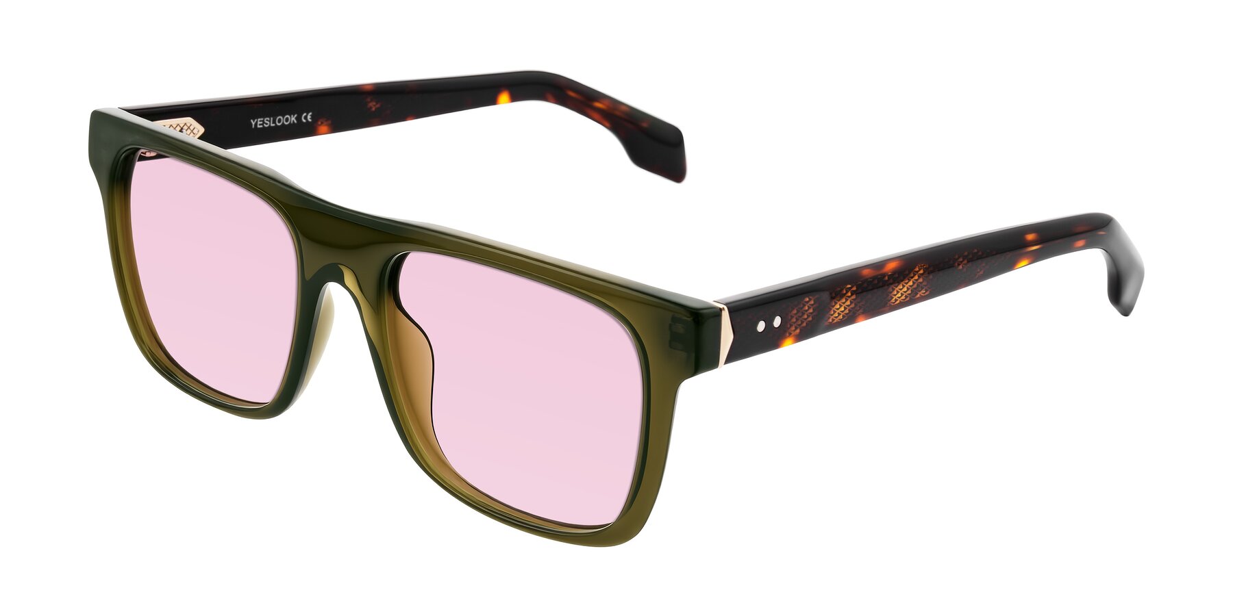 Angle of Lucid in Green/Tortoise with Light Pink Tinted Lenses