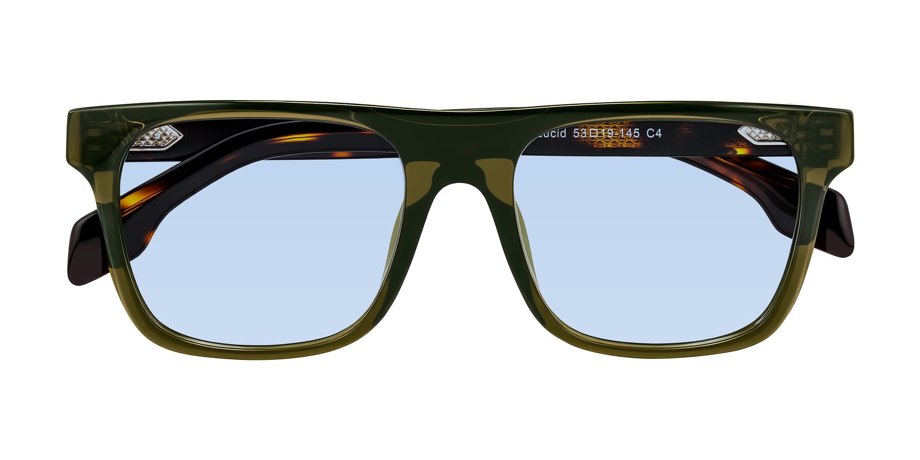 Folded Front of Lucid in Green/Tortoise with Light Blue Tinted Lenses