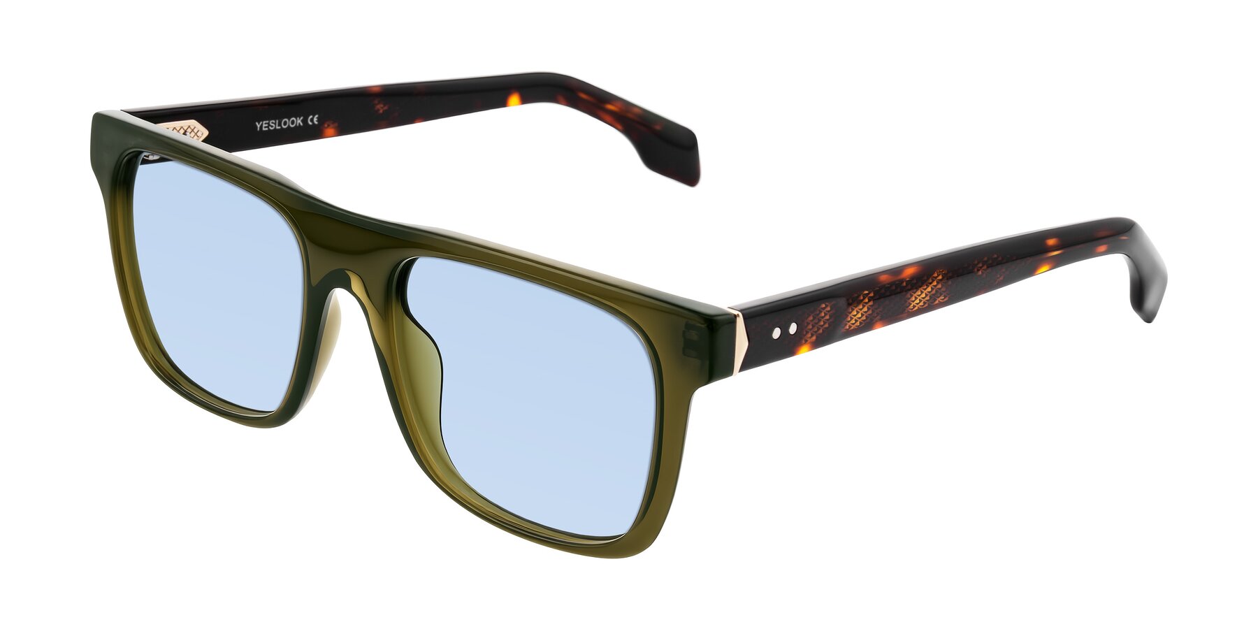 Angle of Lucid in Green/Tortoise with Light Blue Tinted Lenses