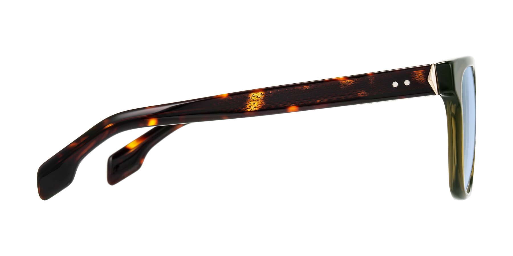 Side of Lucid in Green/Tortoise with Light Blue Tinted Lenses
