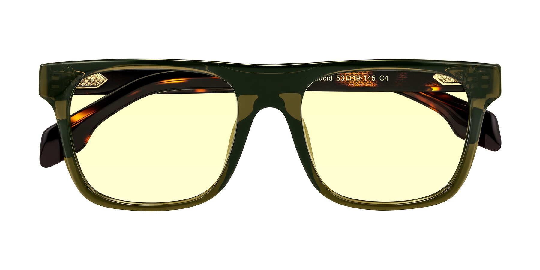 Folded Front of Lucid in Green/Tortoise with Light Yellow Tinted Lenses