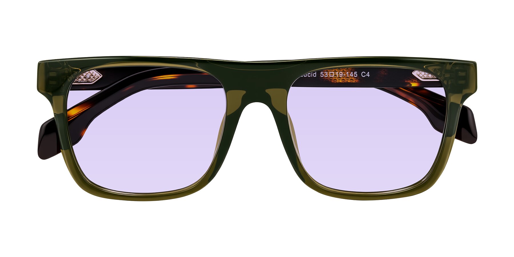 Folded Front of Lucid in Green/Tortoise with Light Purple Tinted Lenses