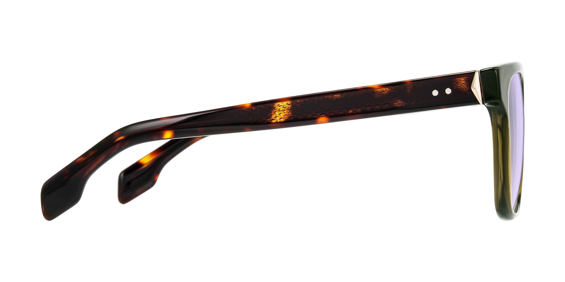 Side of Lucid in Green/Tortoise with Light Purple Tinted Lenses