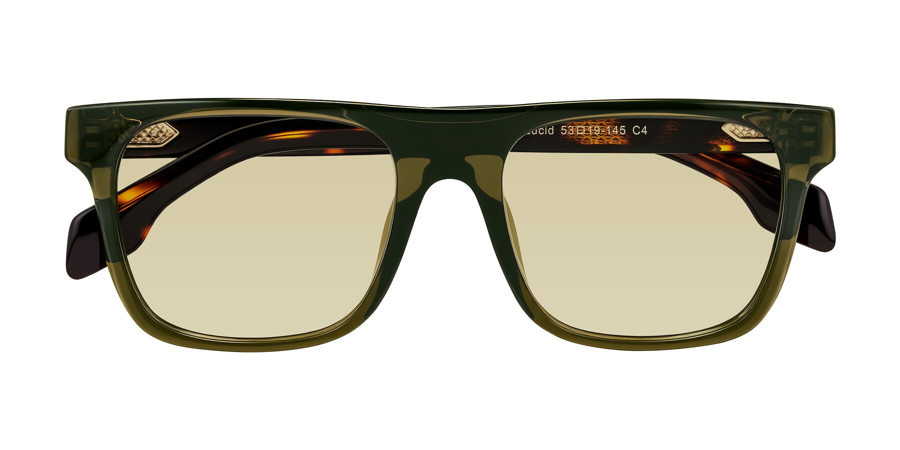 Folded Front of Lucid in Green/Tortoise with Light Champagne Tinted Lenses