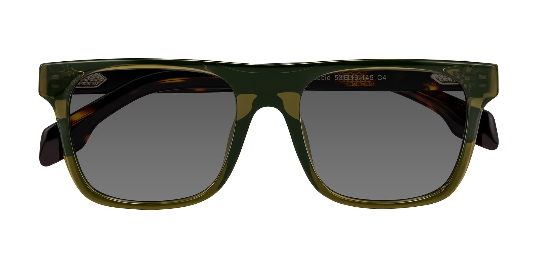 Folded Front of Lucid in Green/Tortoise with Medium Gray Tinted Lenses