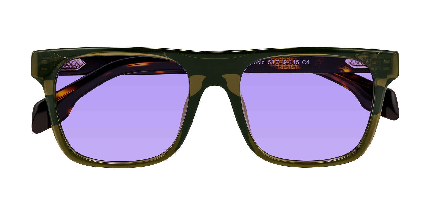 Folded Front of Lucid in Green/Tortoise with Medium Purple Tinted Lenses