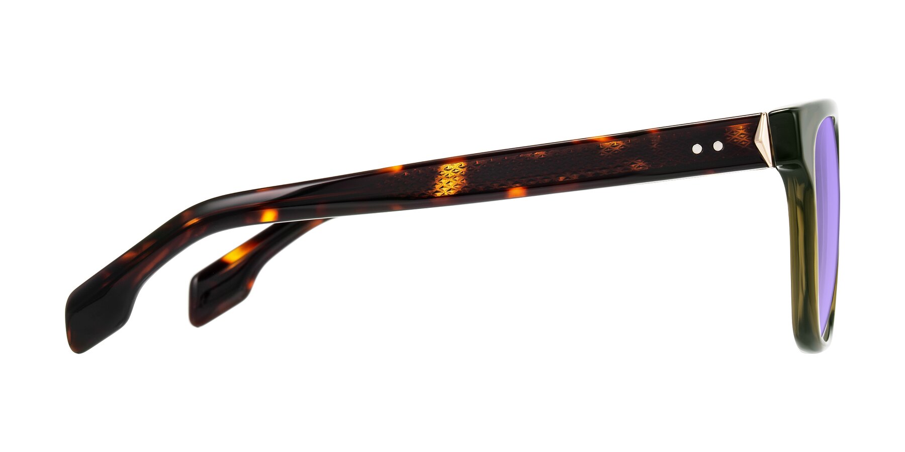 Side of Lucid in Green/Tortoise with Medium Purple Tinted Lenses