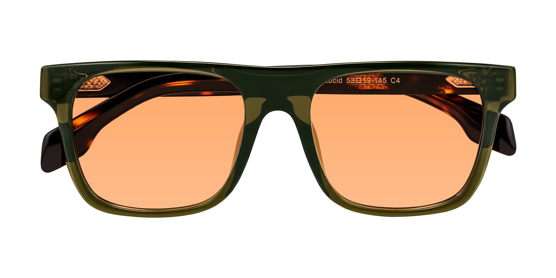 Folded Front of Lucid in Green/Tortoise with Medium Orange Tinted Lenses