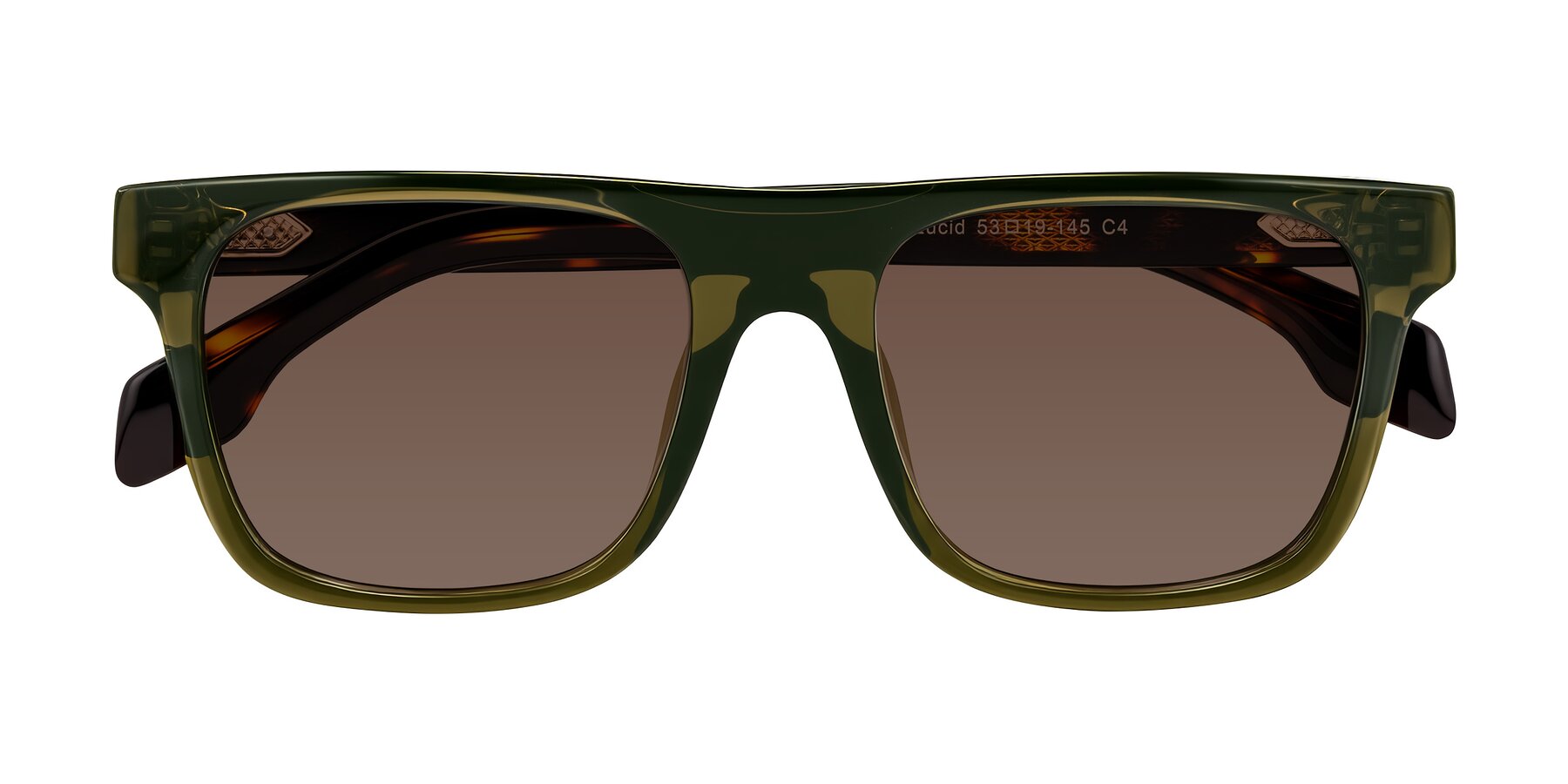 Folded Front of Lucid in Green/Tortoise with Brown Tinted Lenses