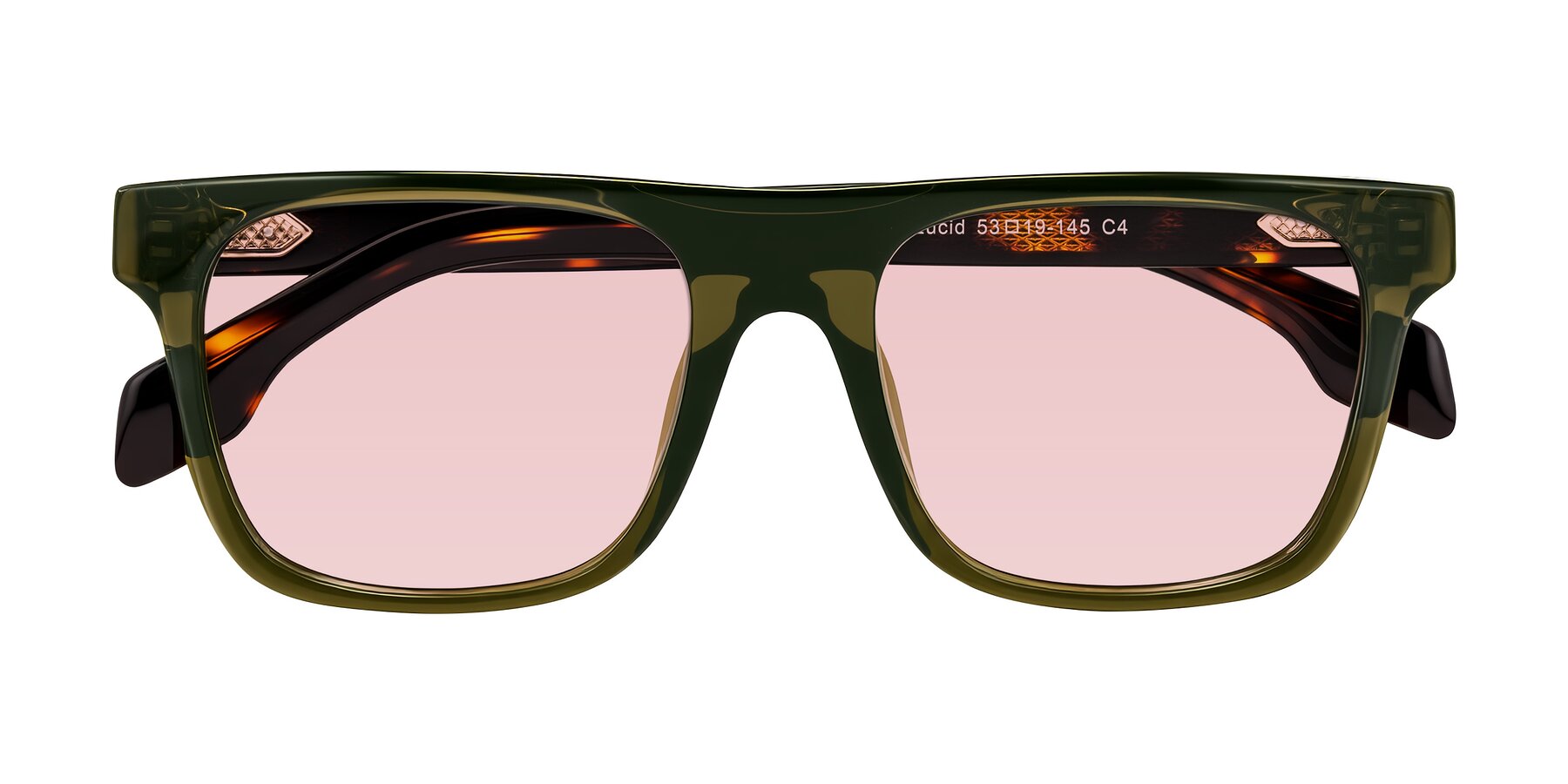 Folded Front of Lucid in Green/Tortoise with Light Garnet Tinted Lenses