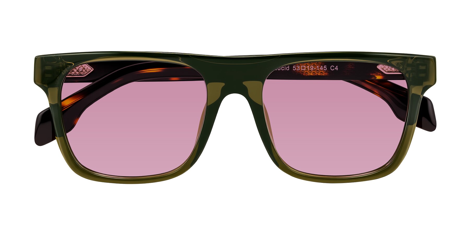 Folded Front of Lucid in Green/Tortoise with Medium Wine Tinted Lenses