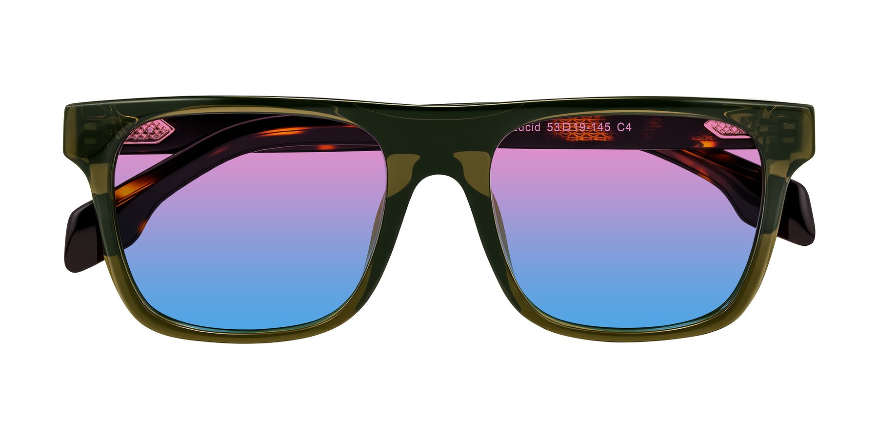 Folded Front of Lucid in Green/Tortoise with Pink / Blue Gradient Lenses