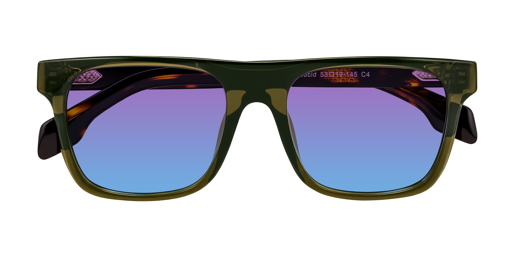 Folded Front of Lucid in Green/Tortoise with Purple / Blue Gradient Lenses