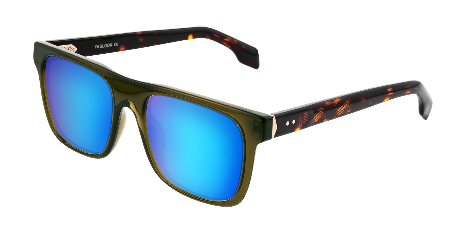 Angle of Lucid in Green/Tortoise with Blue Mirrored Lenses