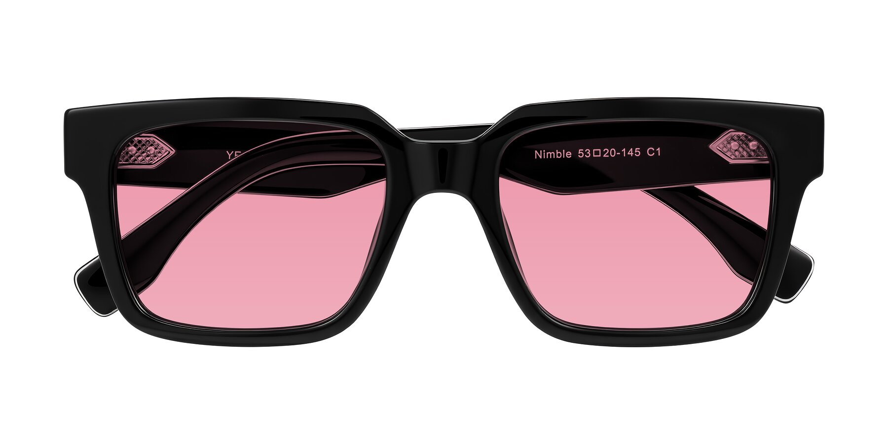Folded Front of Nimble in Black with Pink Tinted Lenses