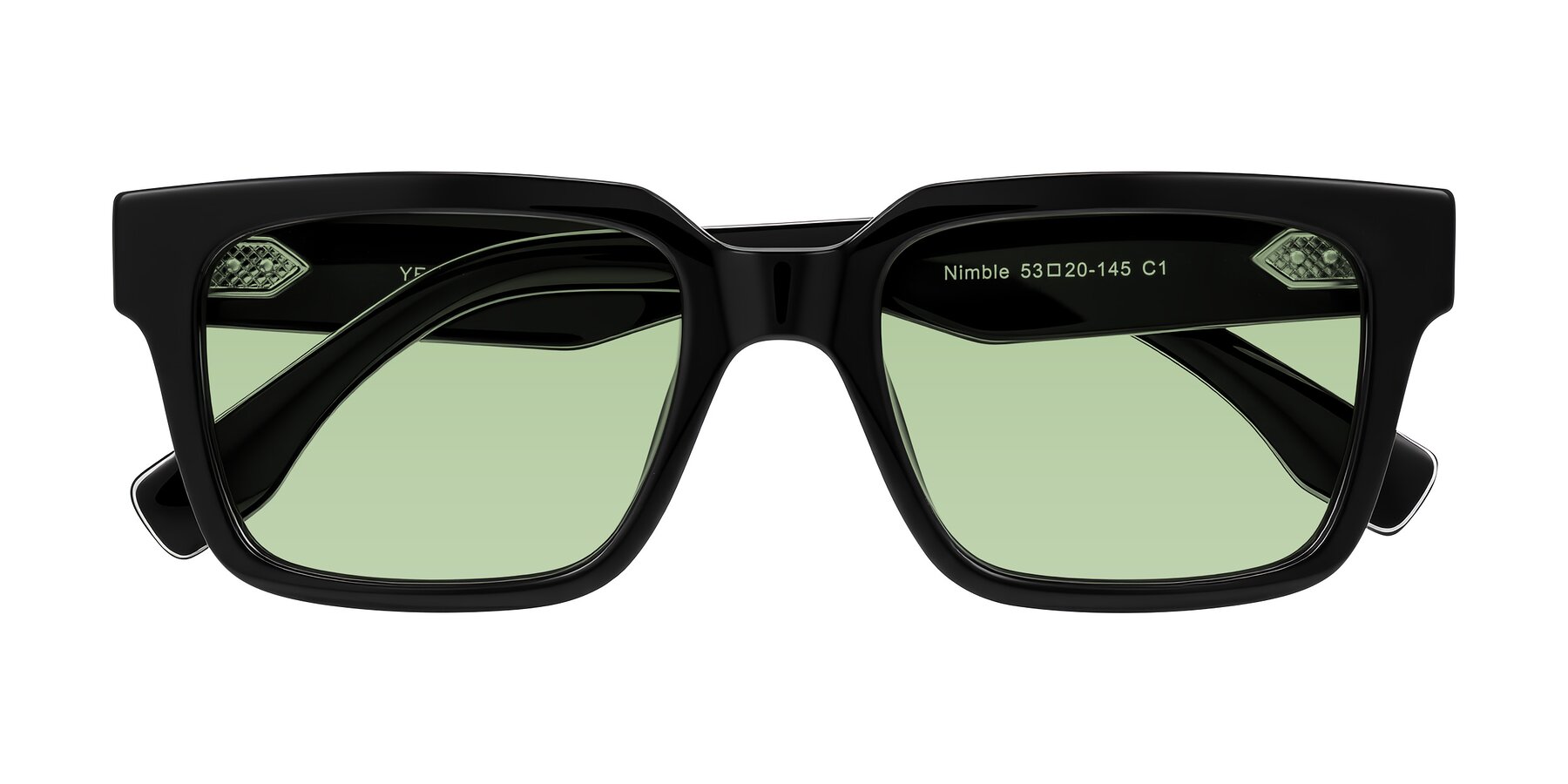 Folded Front of Nimble in Black with Medium Green Tinted Lenses