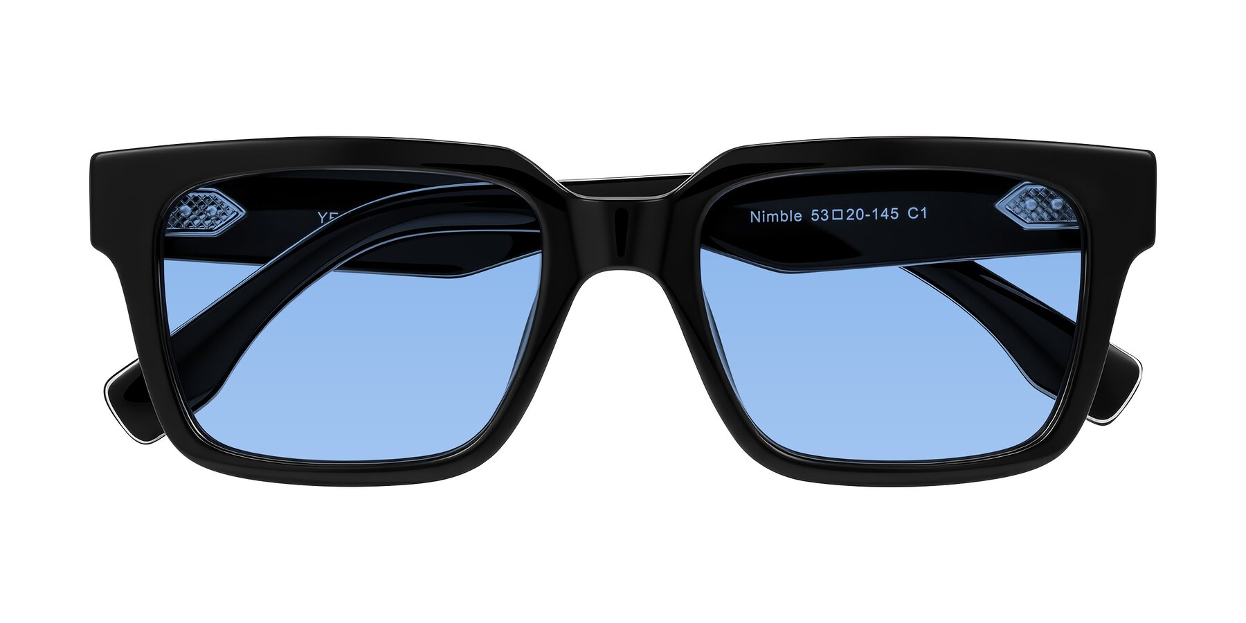Folded Front of Nimble in Black with Medium Blue Tinted Lenses