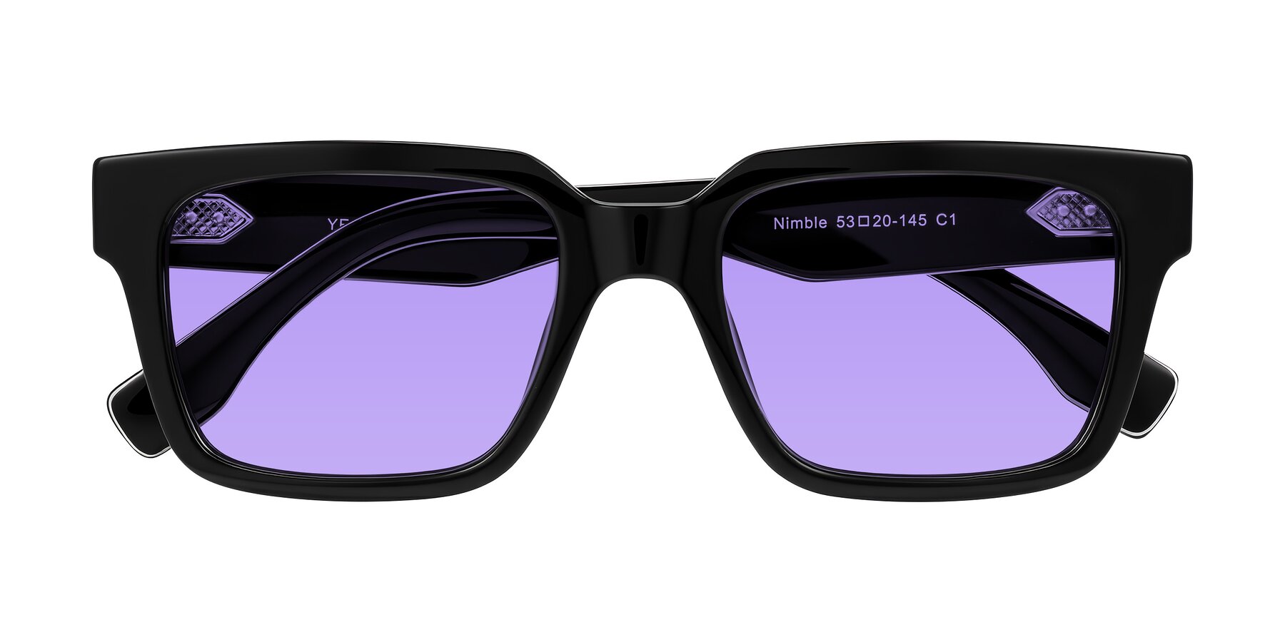 Folded Front of Nimble in Black with Medium Purple Tinted Lenses