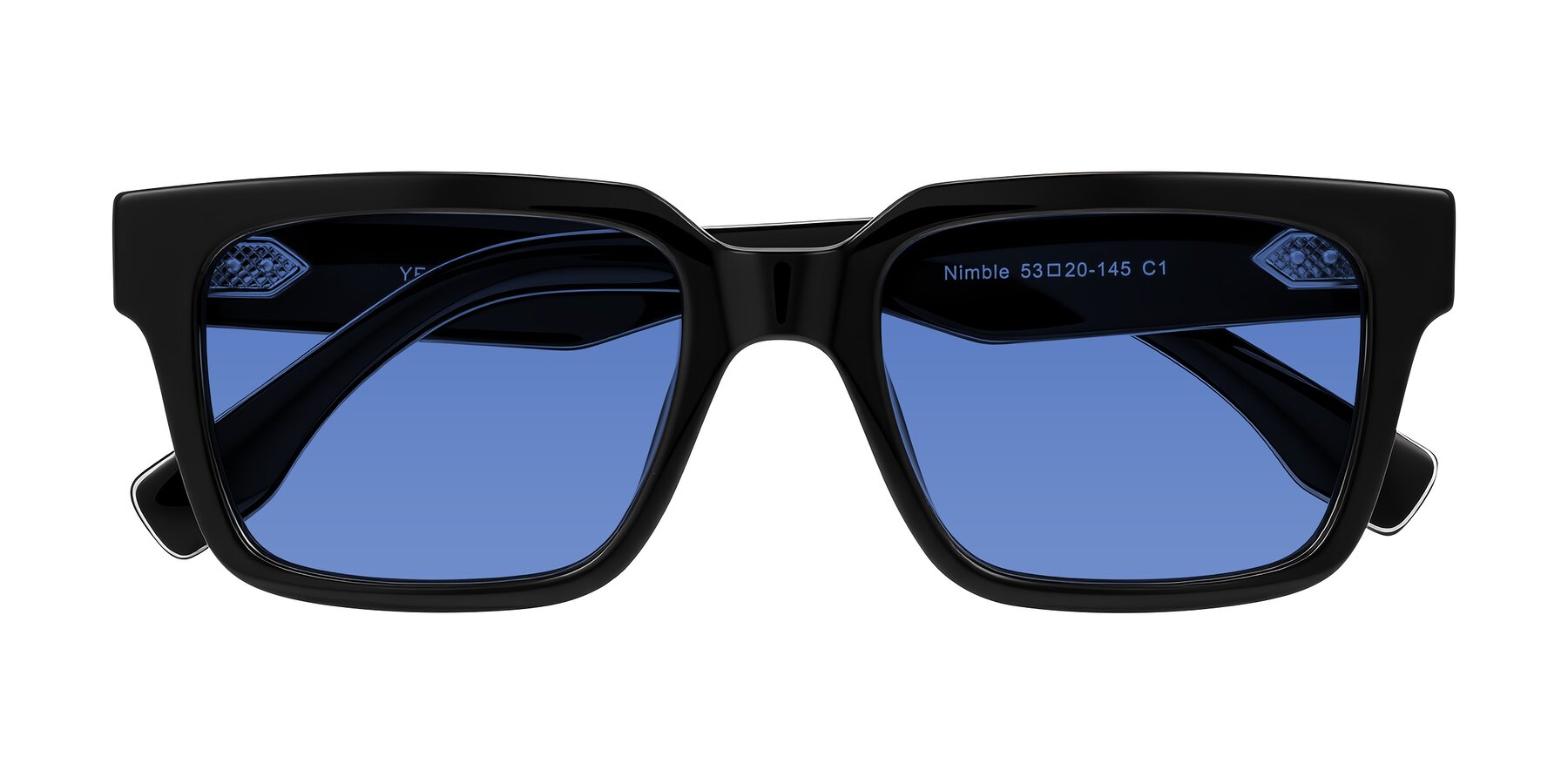 Folded Front of Nimble in Black with Blue Tinted Lenses