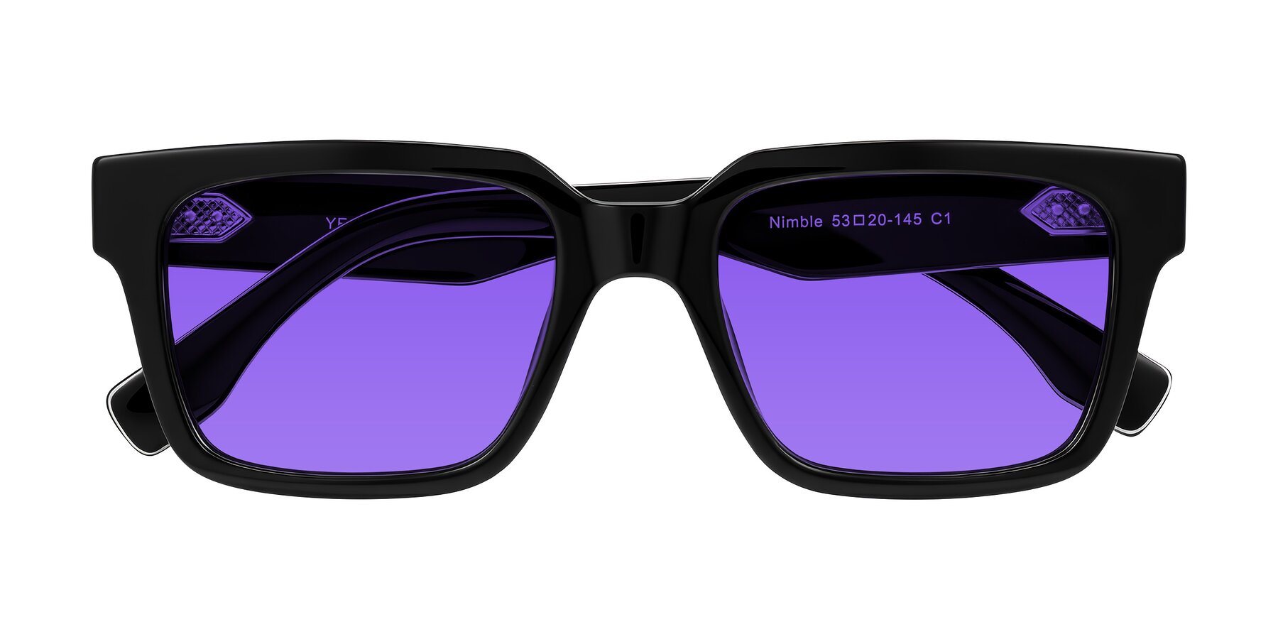 Folded Front of Nimble in Black with Purple Tinted Lenses