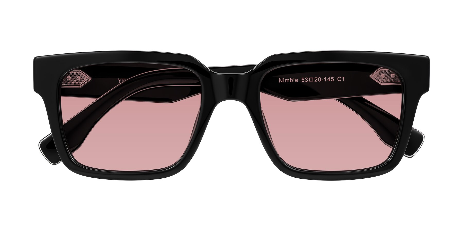Folded Front of Nimble in Black with Medium Garnet Tinted Lenses