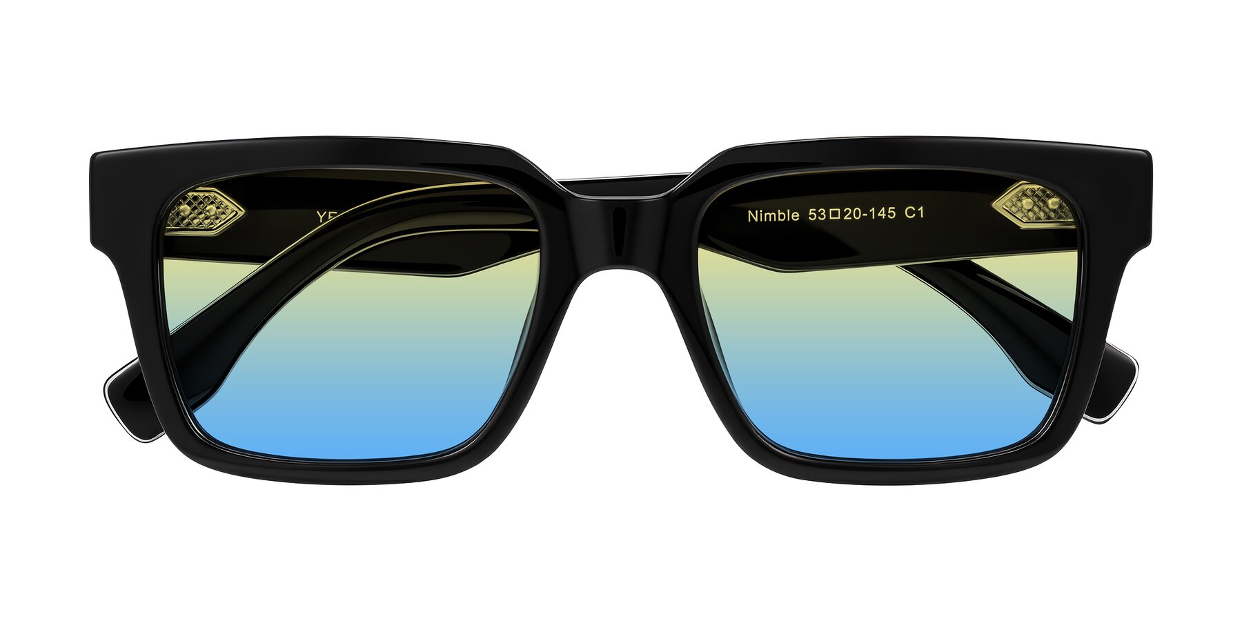 Folded Front of Nimble in Black with Yellow / Blue Gradient Lenses