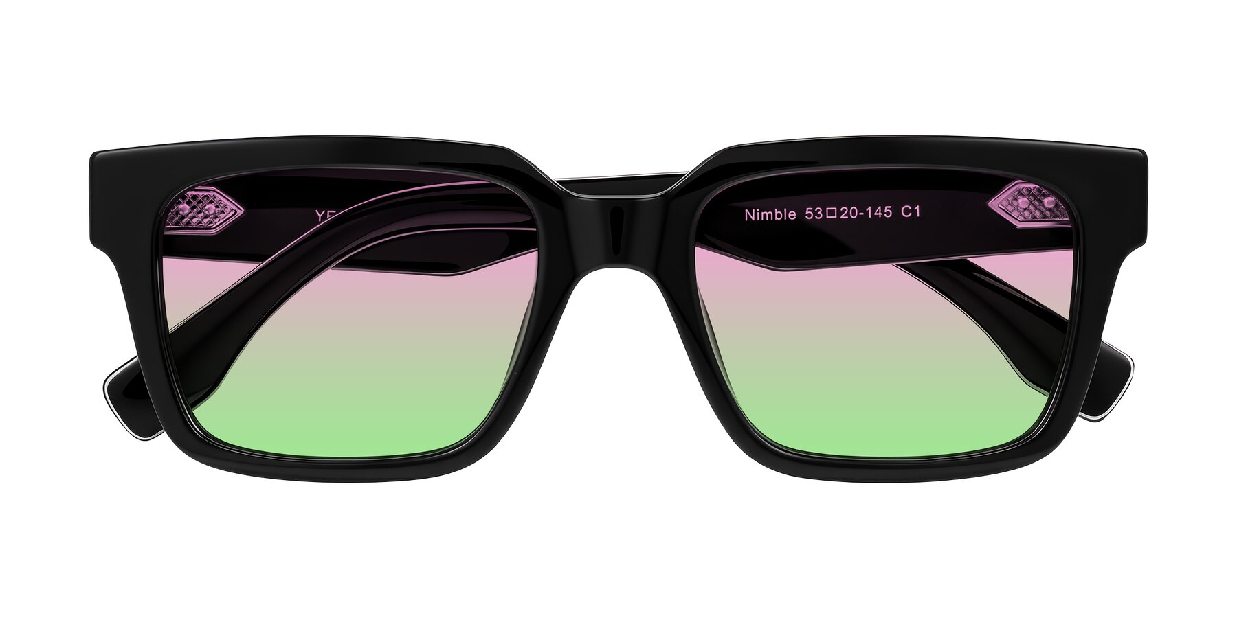Folded Front of Nimble in Black with Pink / Green Gradient Lenses