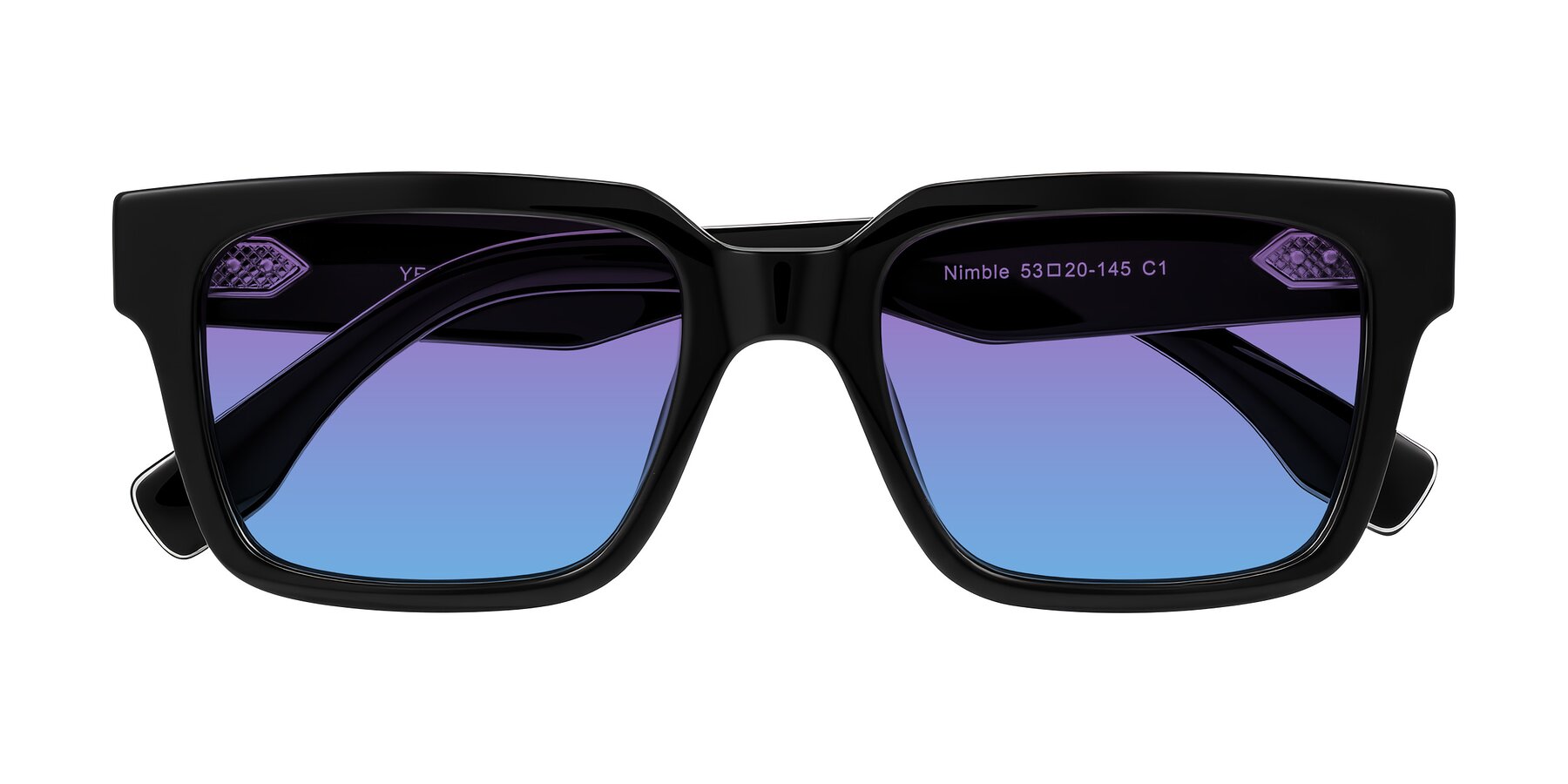 Folded Front of Nimble in Black with Purple / Blue Gradient Lenses
