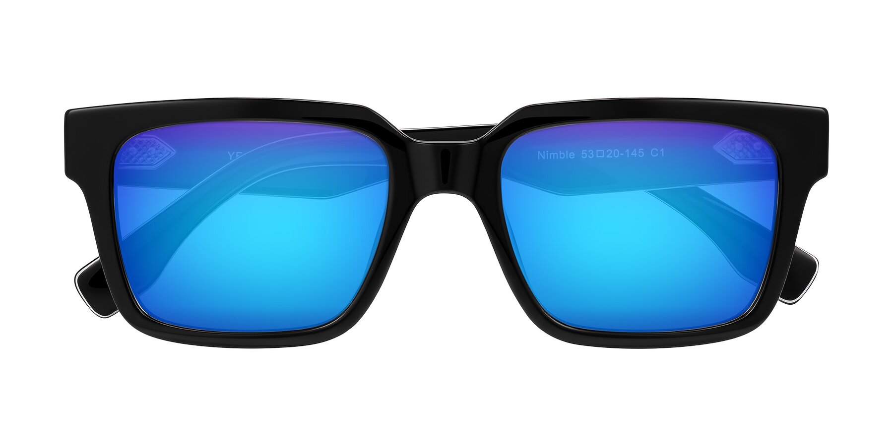 Folded Front of Nimble in Black with Blue Mirrored Lenses