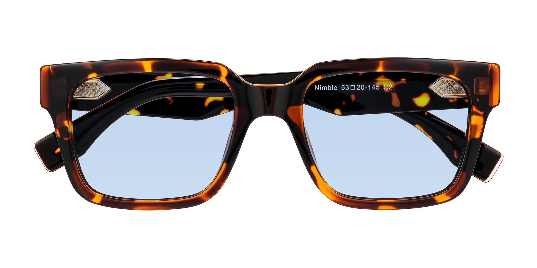 Folded Front of Nimble in Tortoise with Light Blue Tinted Lenses