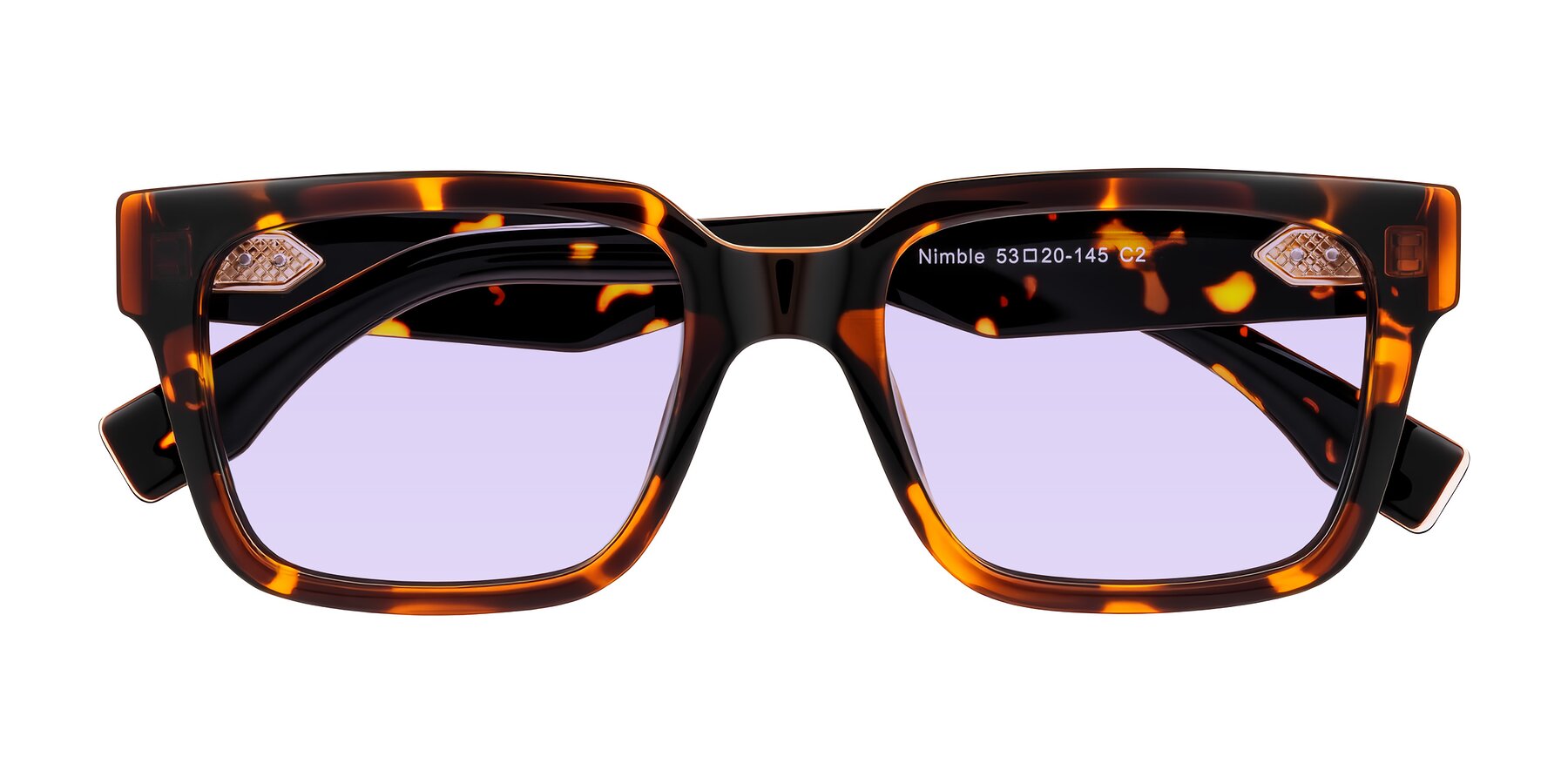 Folded Front of Nimble in Tortoise with Light Purple Tinted Lenses