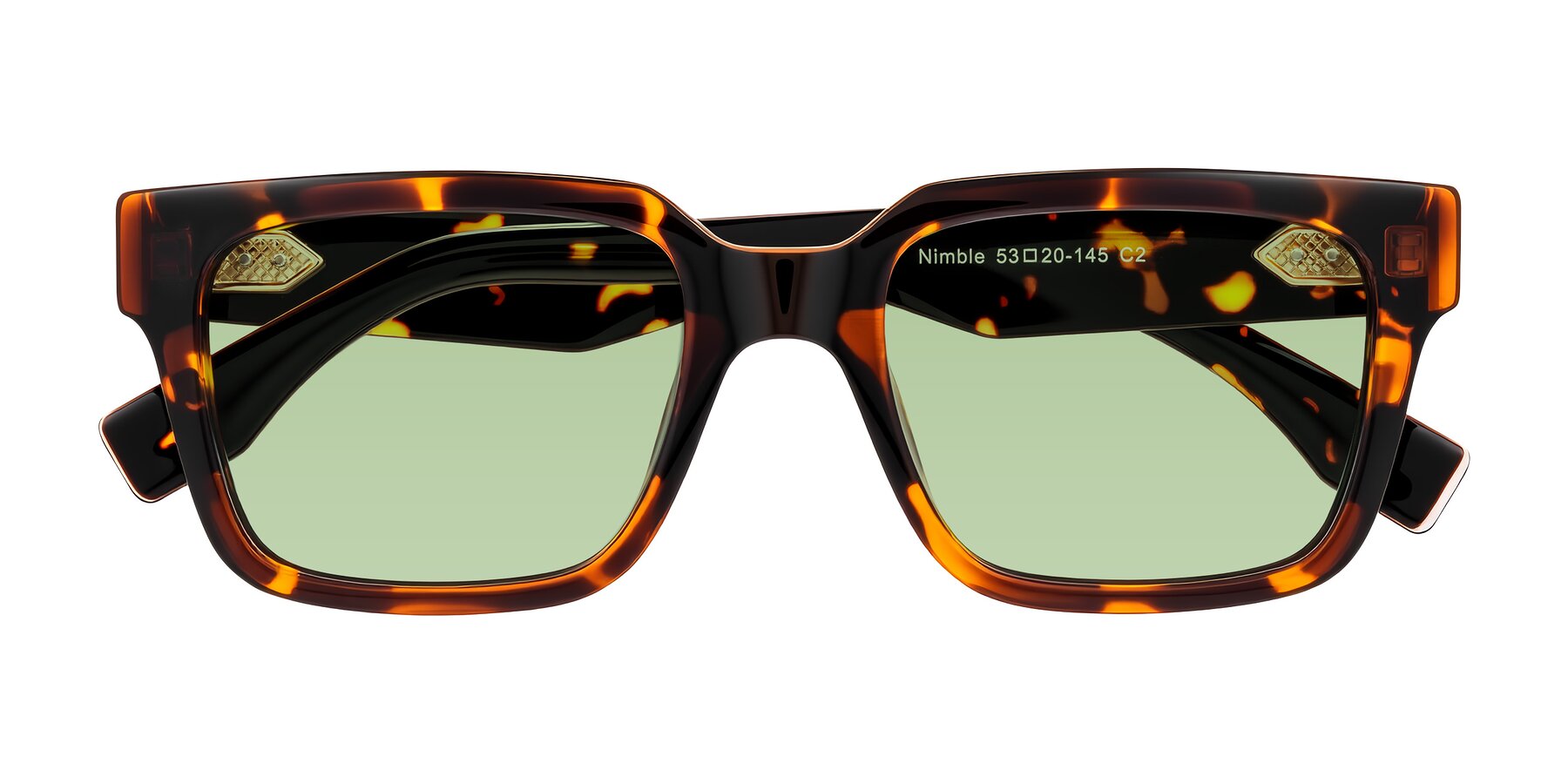Folded Front of Nimble in Tortoise with Medium Green Tinted Lenses