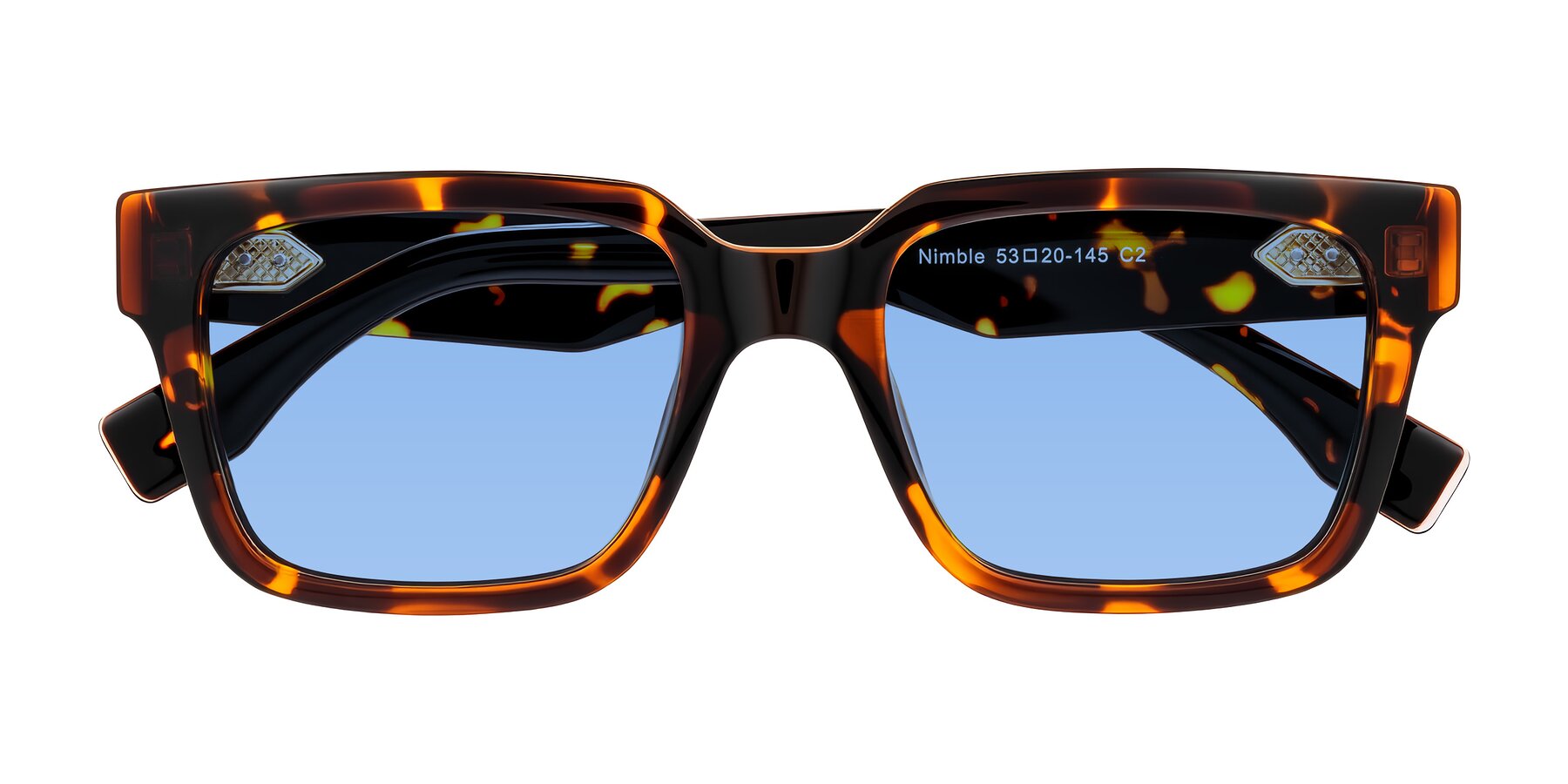 Folded Front of Nimble in Tortoise with Medium Blue Tinted Lenses