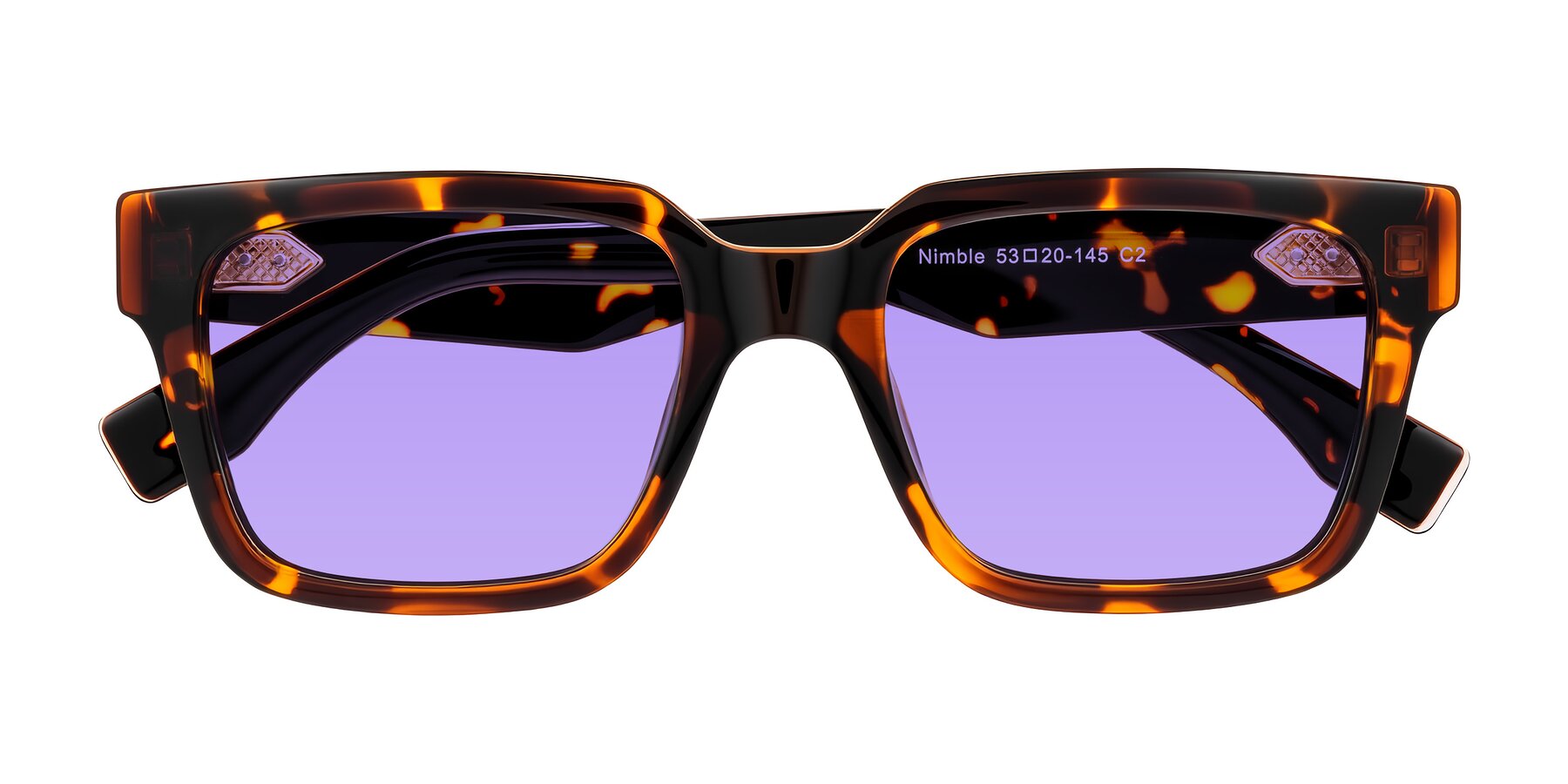 Folded Front of Nimble in Tortoise with Medium Purple Tinted Lenses