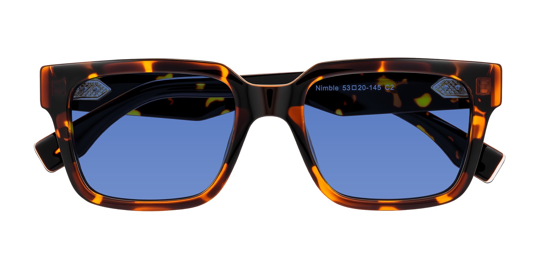 Folded Front of Nimble in Tortoise with Blue Tinted Lenses